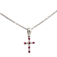 14K White Gold 22 in. Diamond & Ruby Cross Necklace 2.5g