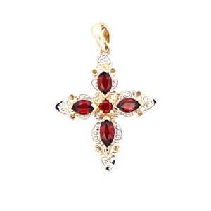14K Yellow Gold Garnet Cross Pendant 3.3g