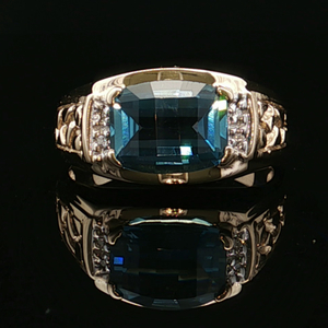 Gents 10K Yellow Gold Blue Topaz Gemstone Ring SZ:9