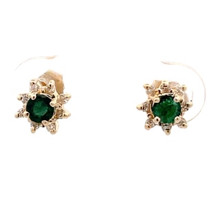 14K Yellow Gold Emerald & Diamond Stud Earrings