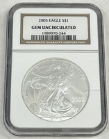 2005 American Silver Eagle NGC Gem Uncirculated .999 Fine Silver