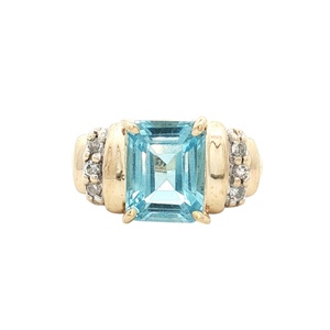Ladies 14K Yellow Gold Diamond & Blue Topaz Gemstone Ring SZ:3.5