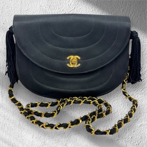 Chanel Black Satin Half Moon Clutch Crossbody Handbag