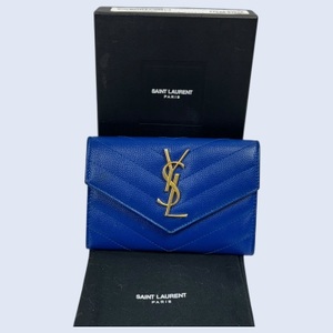 YSL Cassandre Matelasse Small Blue Wallet 