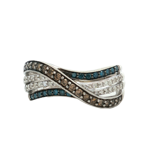 10K White Gold 3/4CTW Blue, White, & Chocolate Diamond Crossover Ring SZ:8