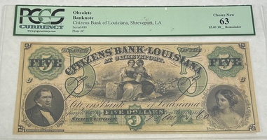 Citizens Bank of Louisiana Shreveport LA $5 Obsolete Banknote PCGS Choice New 63