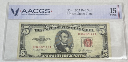 1953 A $5 Bill Red Seal AACGS 15 Fine Graded Bill
