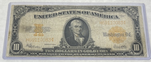 1922 $10 Bill Gold Certificate Ten Dollars in Gold Coin