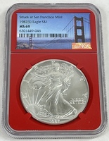 1987 S American Silver Eagle Golden Gate Bridge Label NGC MS69